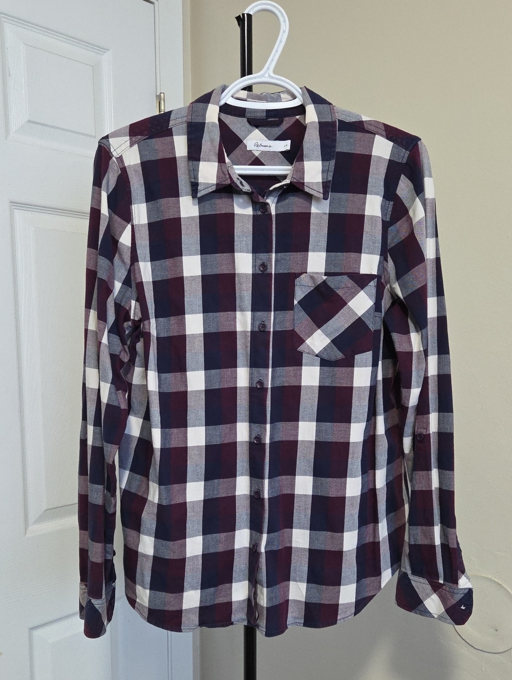 Reitmans Burgundy Navy White Plaid Button-Down Shirt